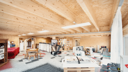 Gwerbehalle aus Holz mit Innendekoration aus Holz