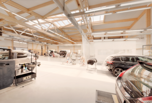 Halle aus Holz mit Autos