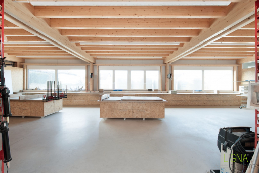Produktionshalle mit zwischendecke aus holz